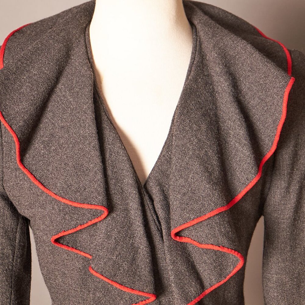 Ralph Lauren Womens Gray Red Trim Ruffle Blazer Jacket Wool